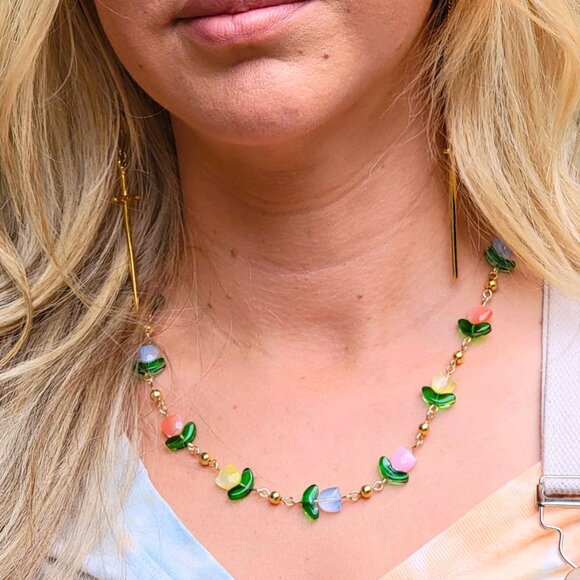 Tulip Shaped Translucent Glass Charm Necklace - Vibrant Colors, Gold Accents - Picture 3 of 7